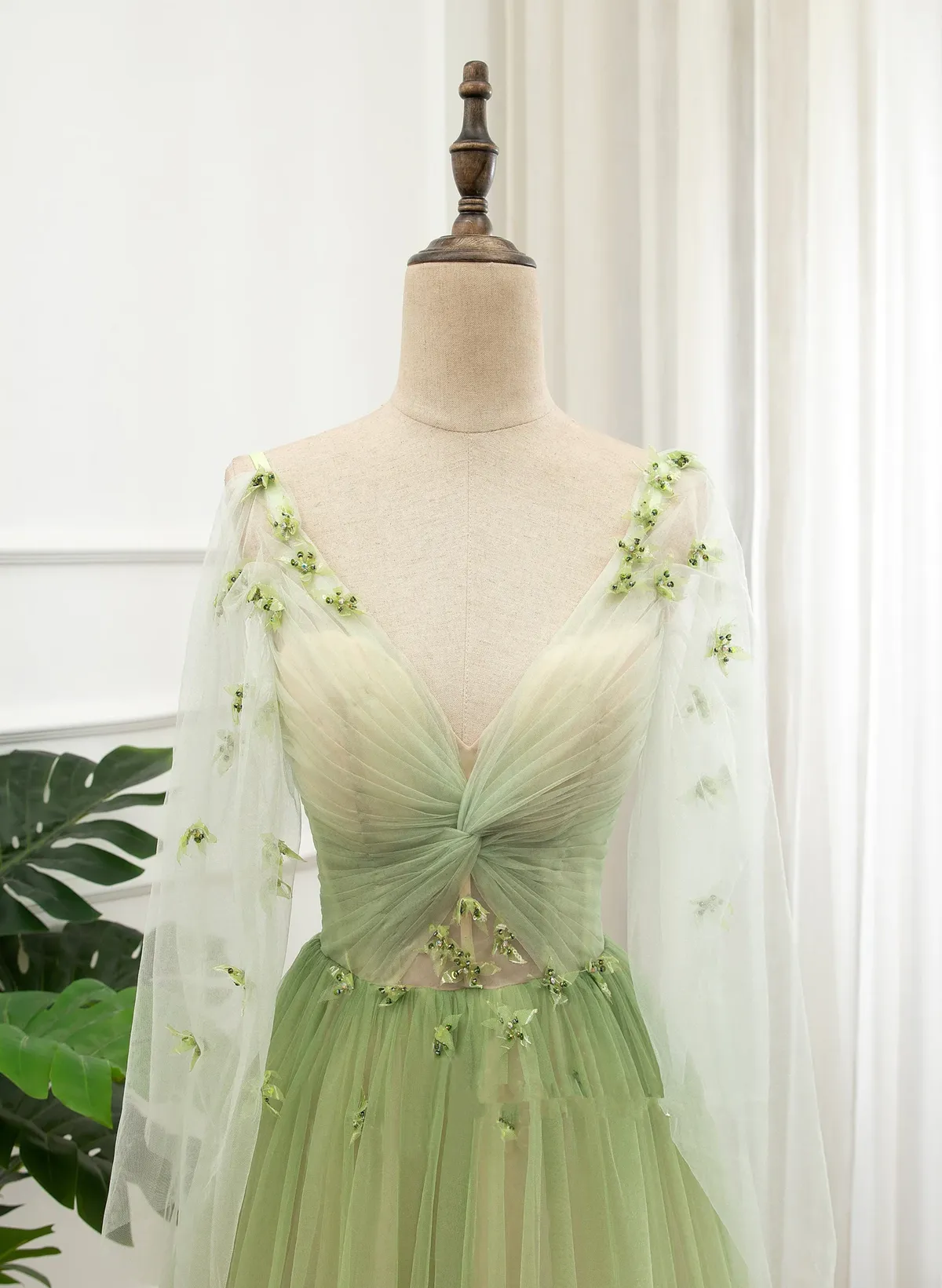 A-line Green Tulle Gradient Long Party Dress, Green Floor Length Formal Dress