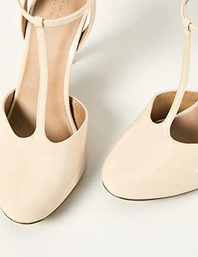 Amazon Brand - FIND Stiletto Round Toe T-bar Closed Pumps, Beige (Nude)