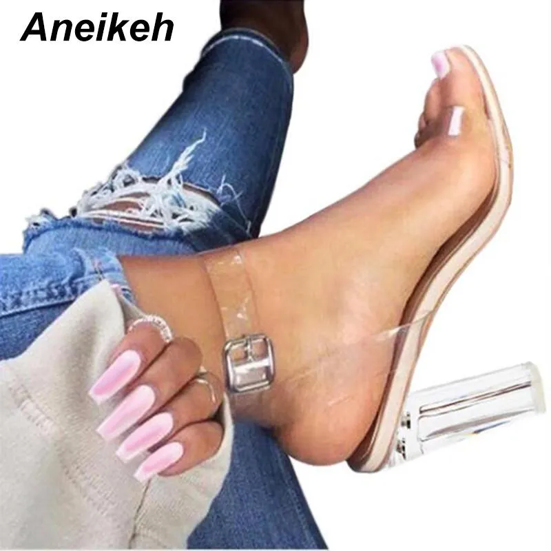 Aneikeh 2020 PVC Jelly Sandals Crystal Open Toed High Heels Women Transparent Heel Sandals Slippers Pumps 11CM Big Size 41 42