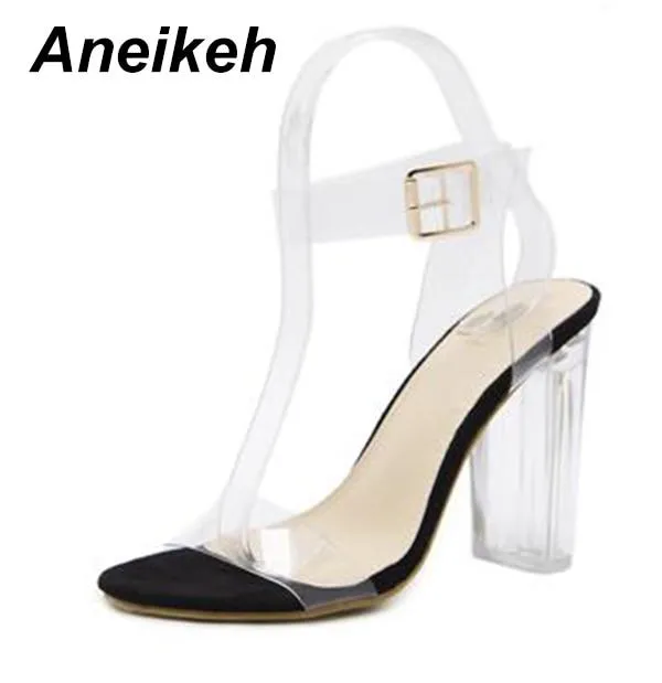 Aneikeh 2020 PVC Jelly Sandals Crystal Open Toed High Heels Women Transparent Heel Sandals Slippers Pumps 11CM Big Size 41 42