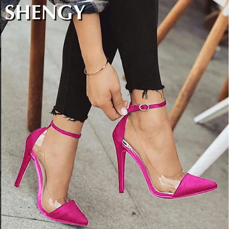 Back to College New Women's High Heels Shoes Toe Monochrome Belt Buckle Fashion Single Women Shoes Pink Black Apricot Office Party Shoes