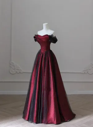 Black and Red Long Party Dress, Off Shoulder Tulle A-line Prom Dress