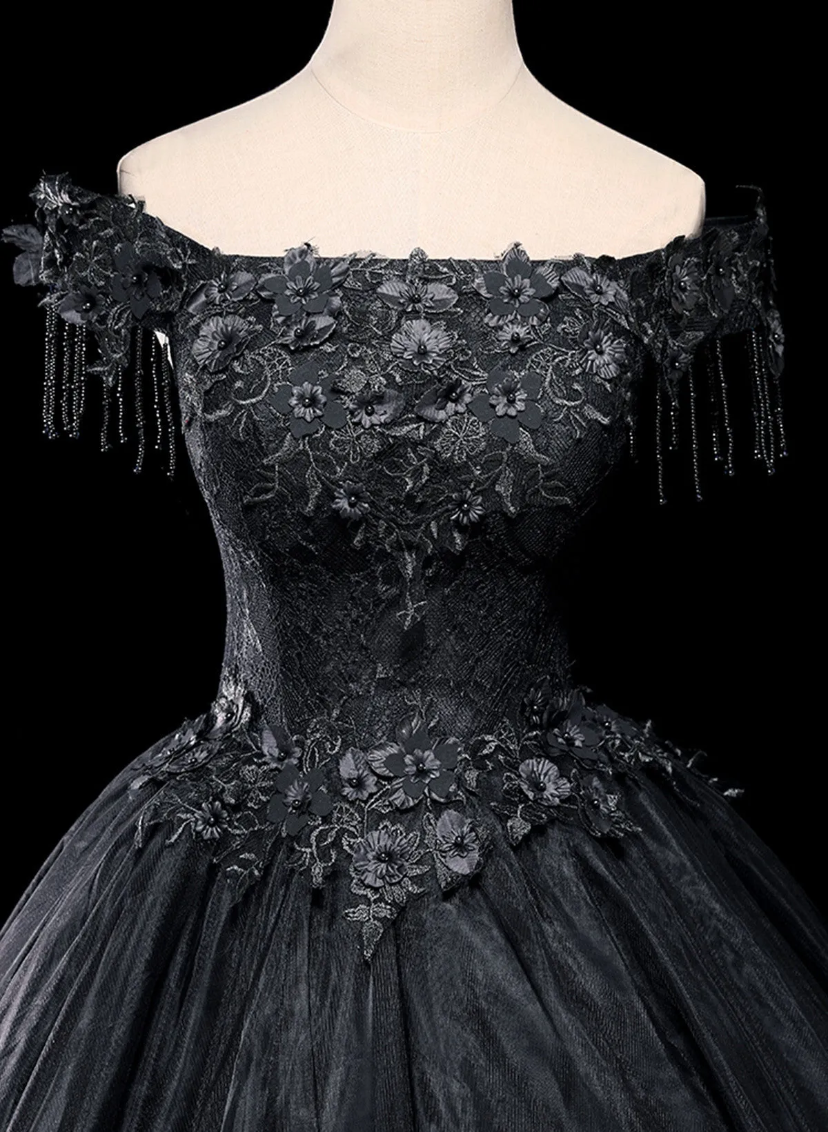 Black Off Shoulder with Lace Applique Long Party Dress, Black Sweet 16 Dress Formal Dress