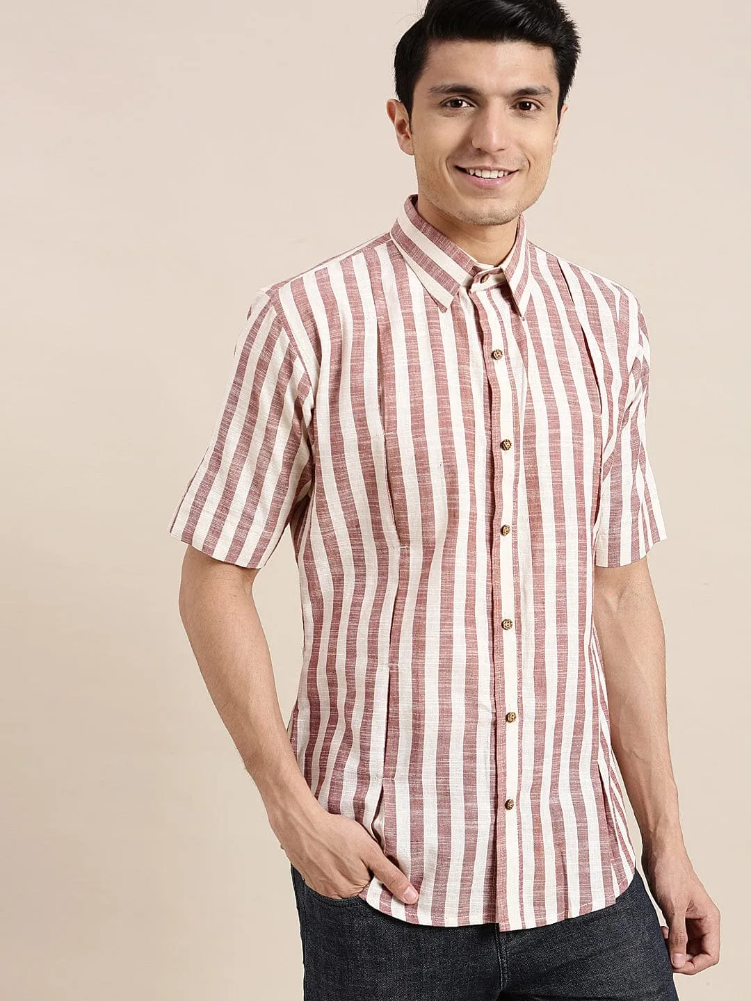 Brown & White Striped Men Shirt