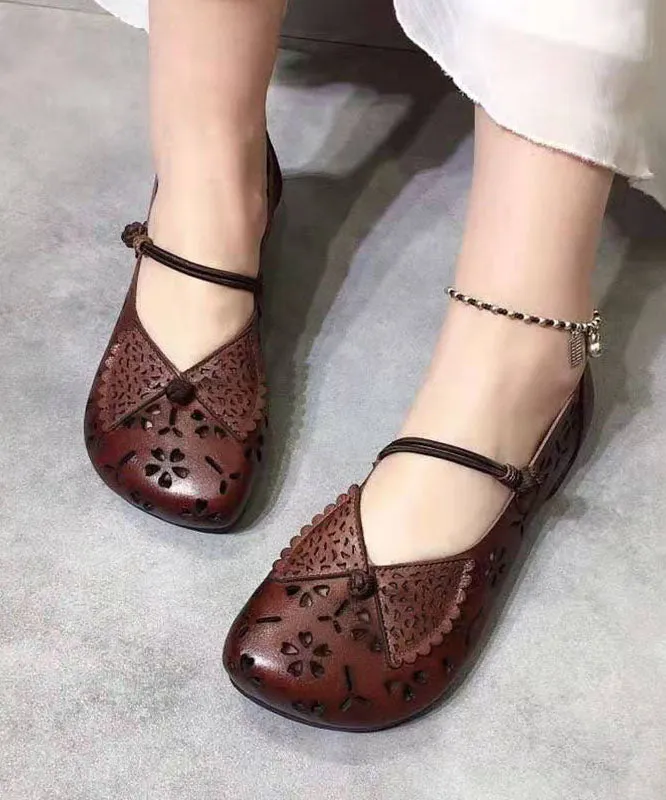 Brown Hollow Out Flats Buckle Strap Shoes