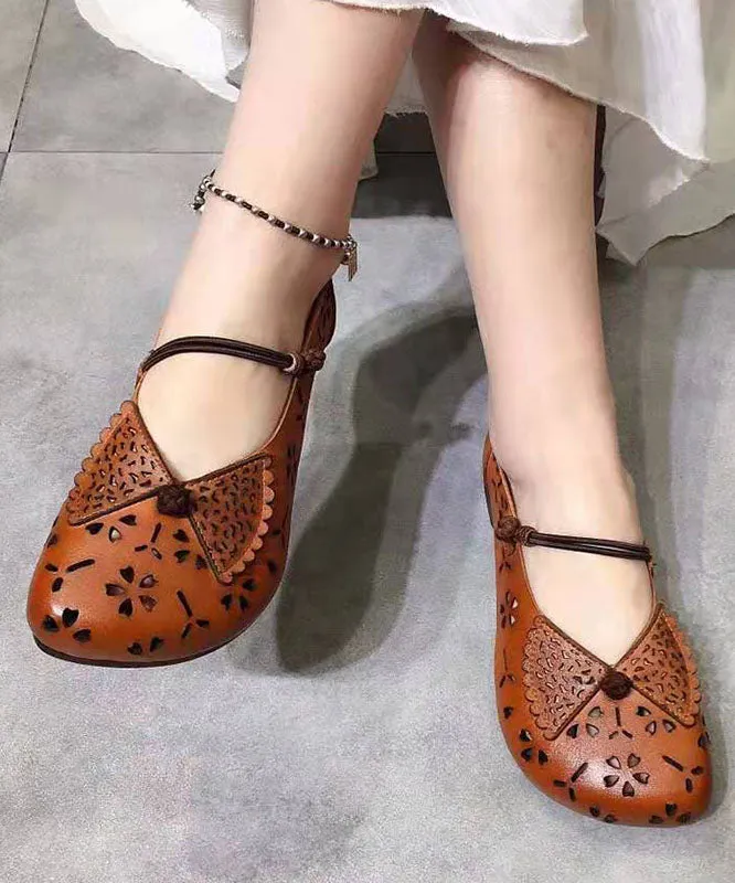 Brown Hollow Out Flats Buckle Strap Shoes