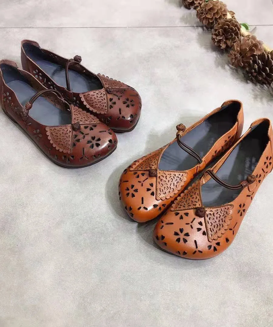 Brown Hollow Out Flats Buckle Strap Shoes