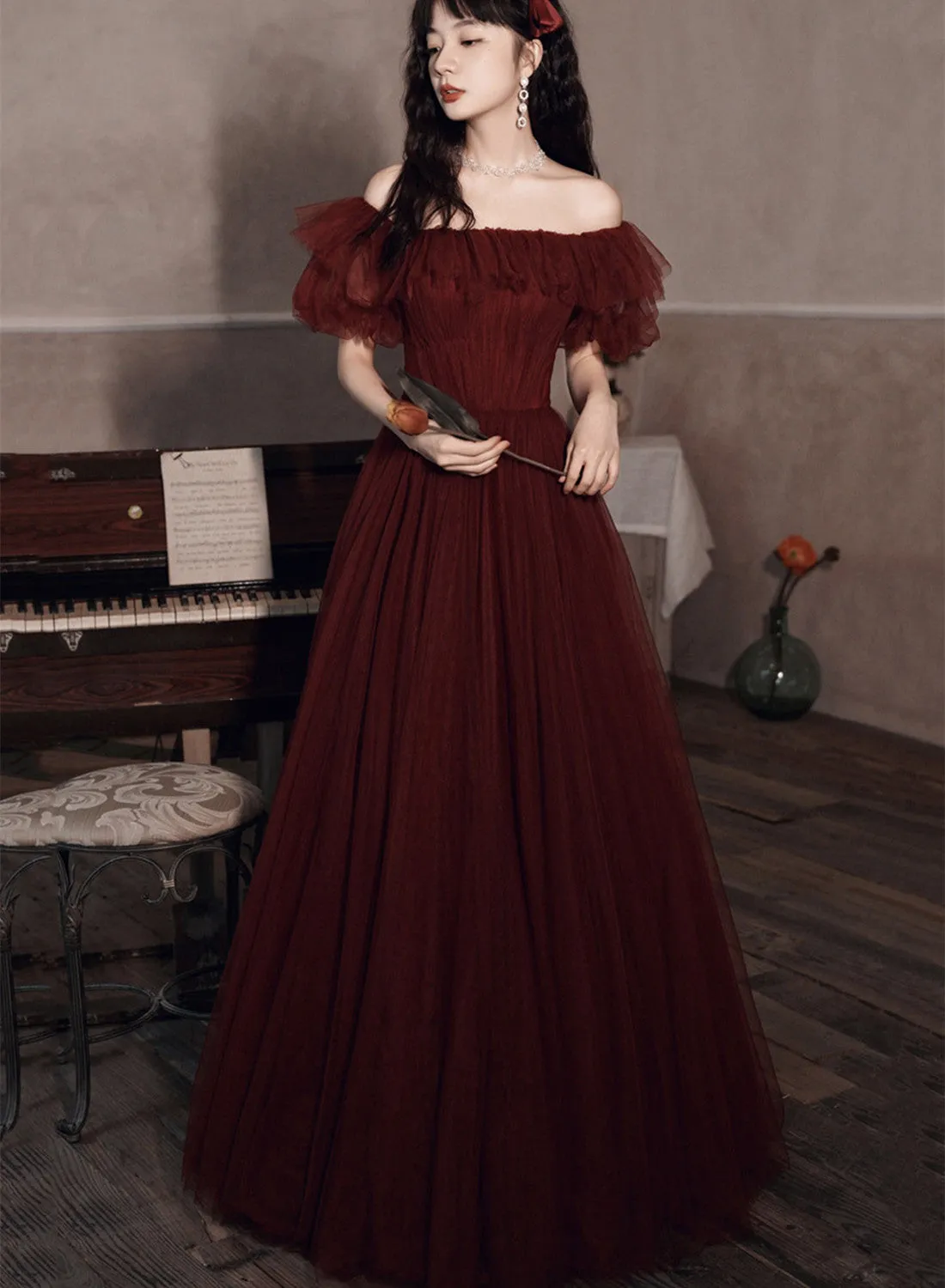 Burgundy Off Shoulder Scoop Long Formal Dress, Burgundy A-line Evening Dress