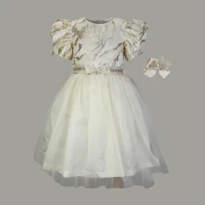 CHAMPAGNE GOLD MARBLE BALL DRESS WITH WHITE PEARL AND HAIRBOW