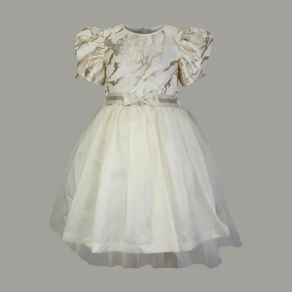 CHAMPAGNE GOLD MARBLE BALL DRESS WITH WHITE PEARL AND HAIRBOW