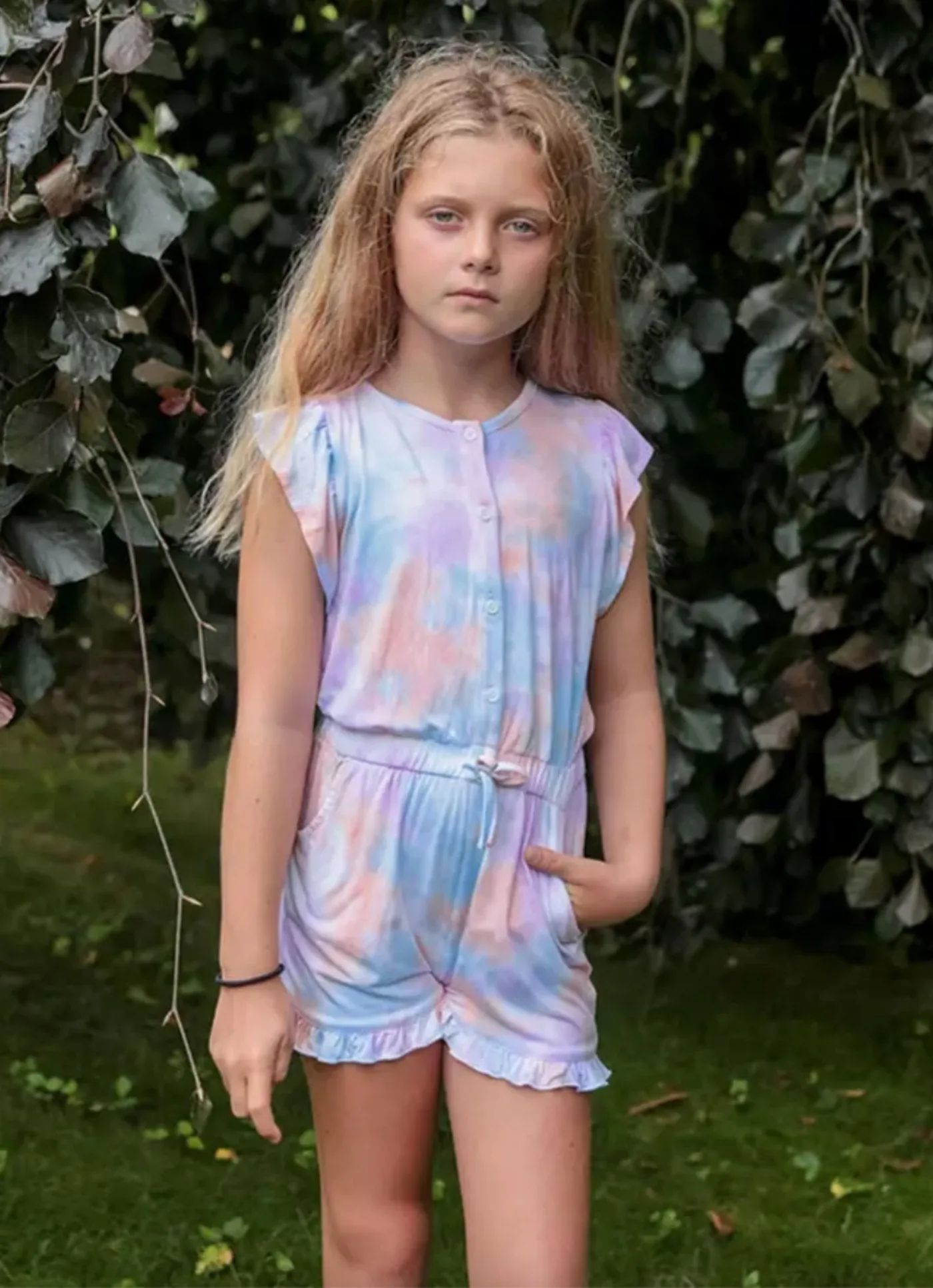 Design History Girls Lilac Wave Tie Dye Button Front Shorts Romper