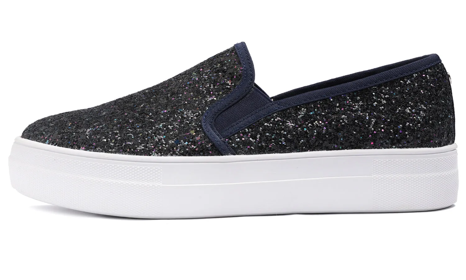 Feversole Women's Glitter Navy Platform Slip On Sneaker Casual Flat Loafers