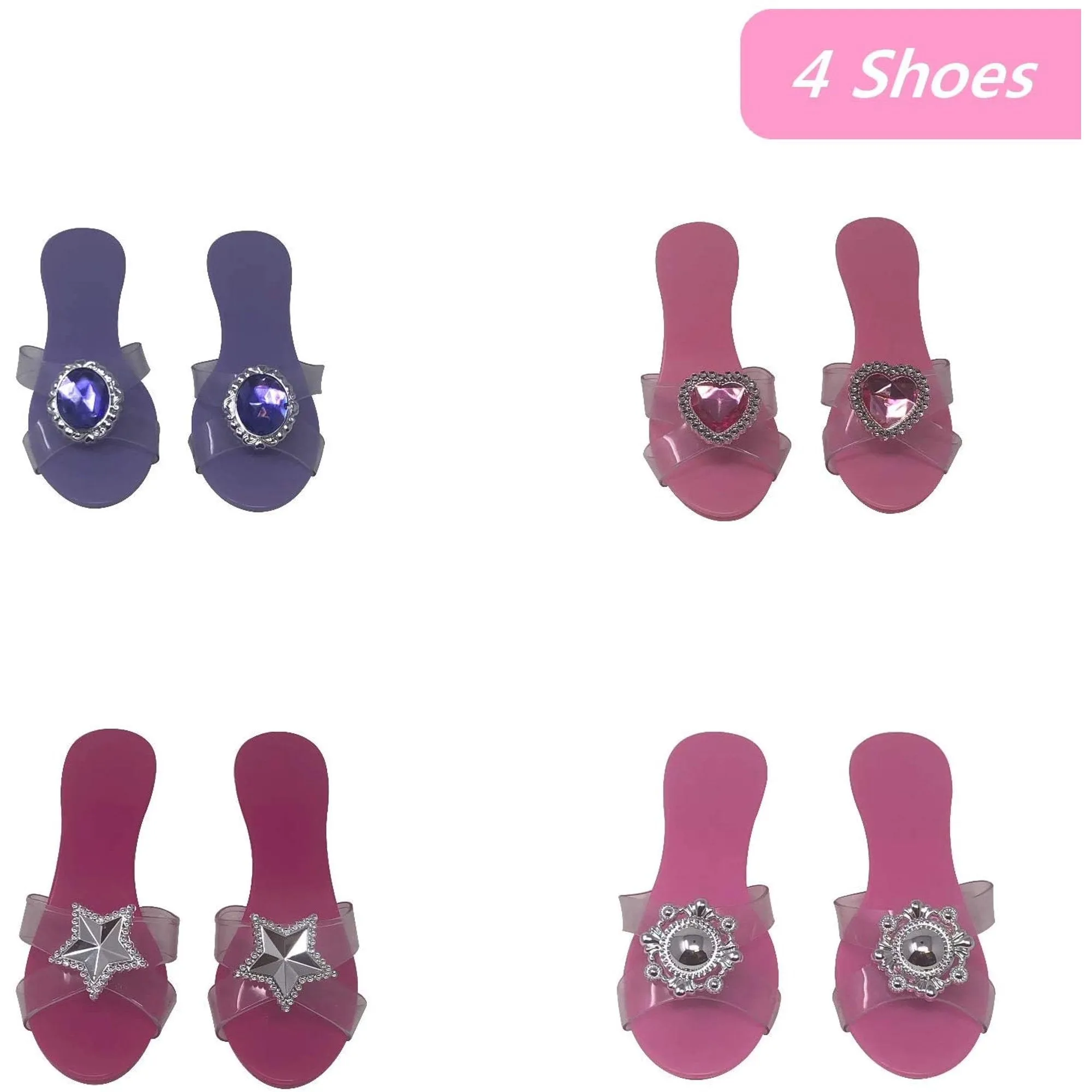 Girls Princess Dress Up Shoes and Jewelry Boutique, Princess Role Play Shoes Collection Set with 4 Pairs of Shoes and 2 Tiaras for Little Girl Aged 3 