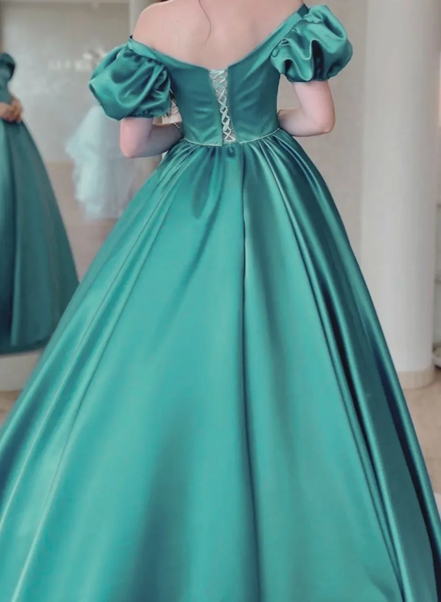 Green Satin Lace-up Back Long Party Dress, Green A-line Prom Dress