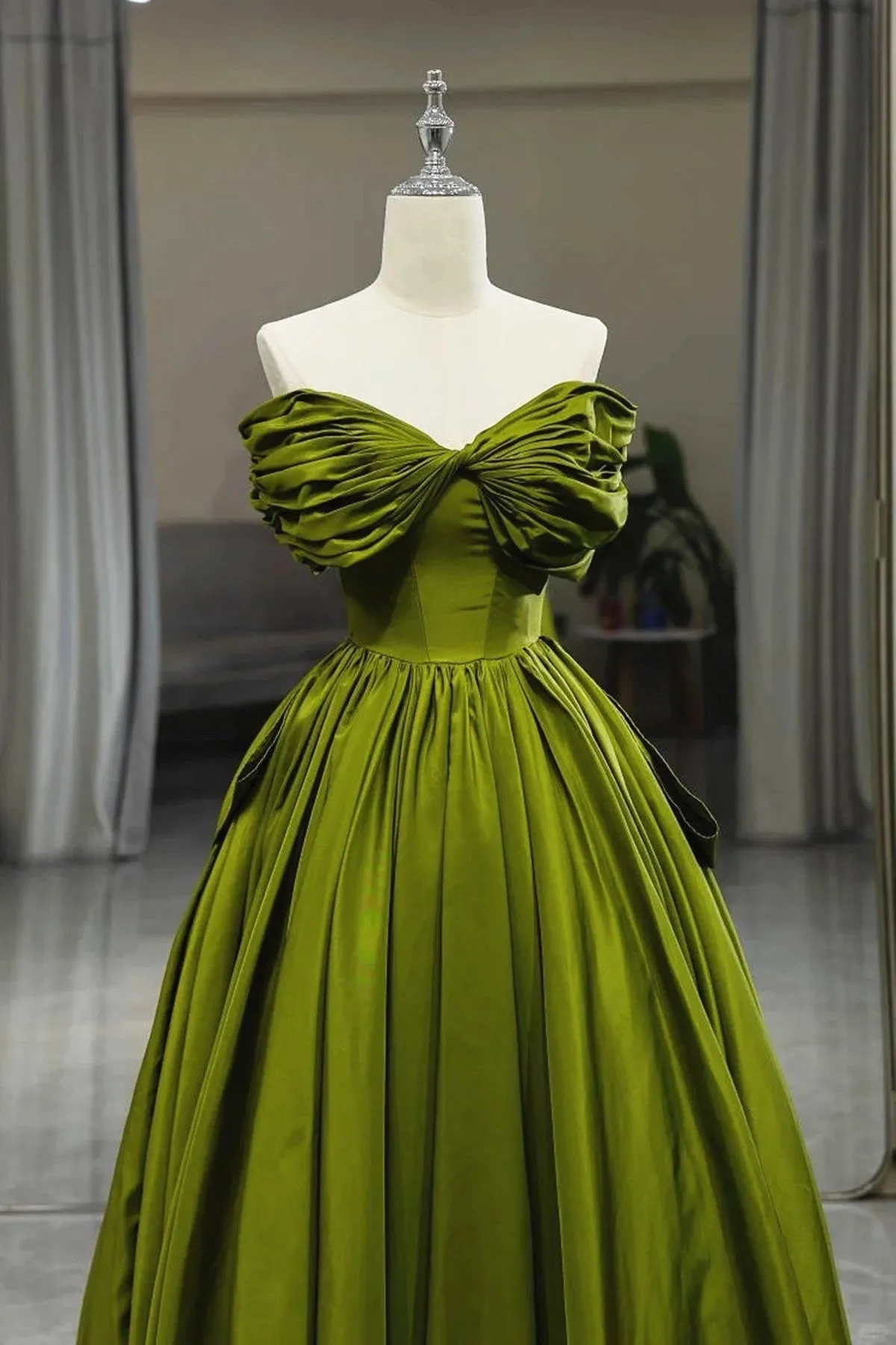 Green Satin Sweetheart Off Shoulder Prom Dress, Green Long Evening Dress