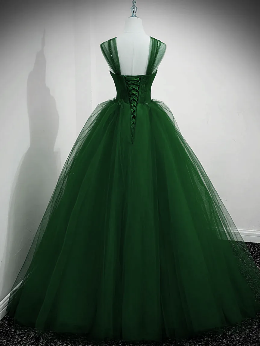 Green Tulle Beaded Sweetheart Long Party Dress, Green A-line Prom Dress Evening Dress