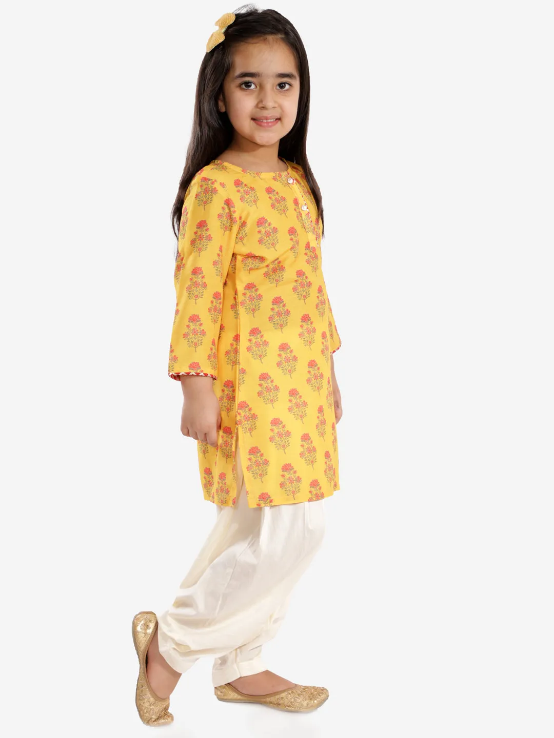 Jashvi Girls' Mustard And Cream Linen Kurta And Patiala Set