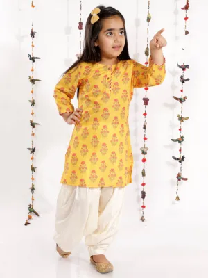 Jashvi Girls' Mustard And Cream Linen Kurta And Patiala Set