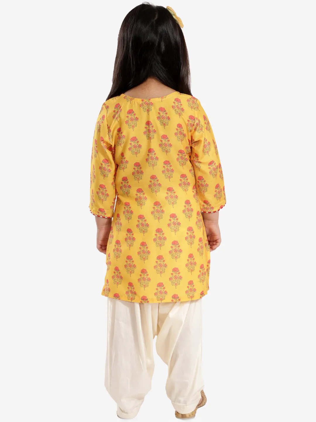 Jashvi Girls' Mustard And Cream Linen Kurta And Patiala Set