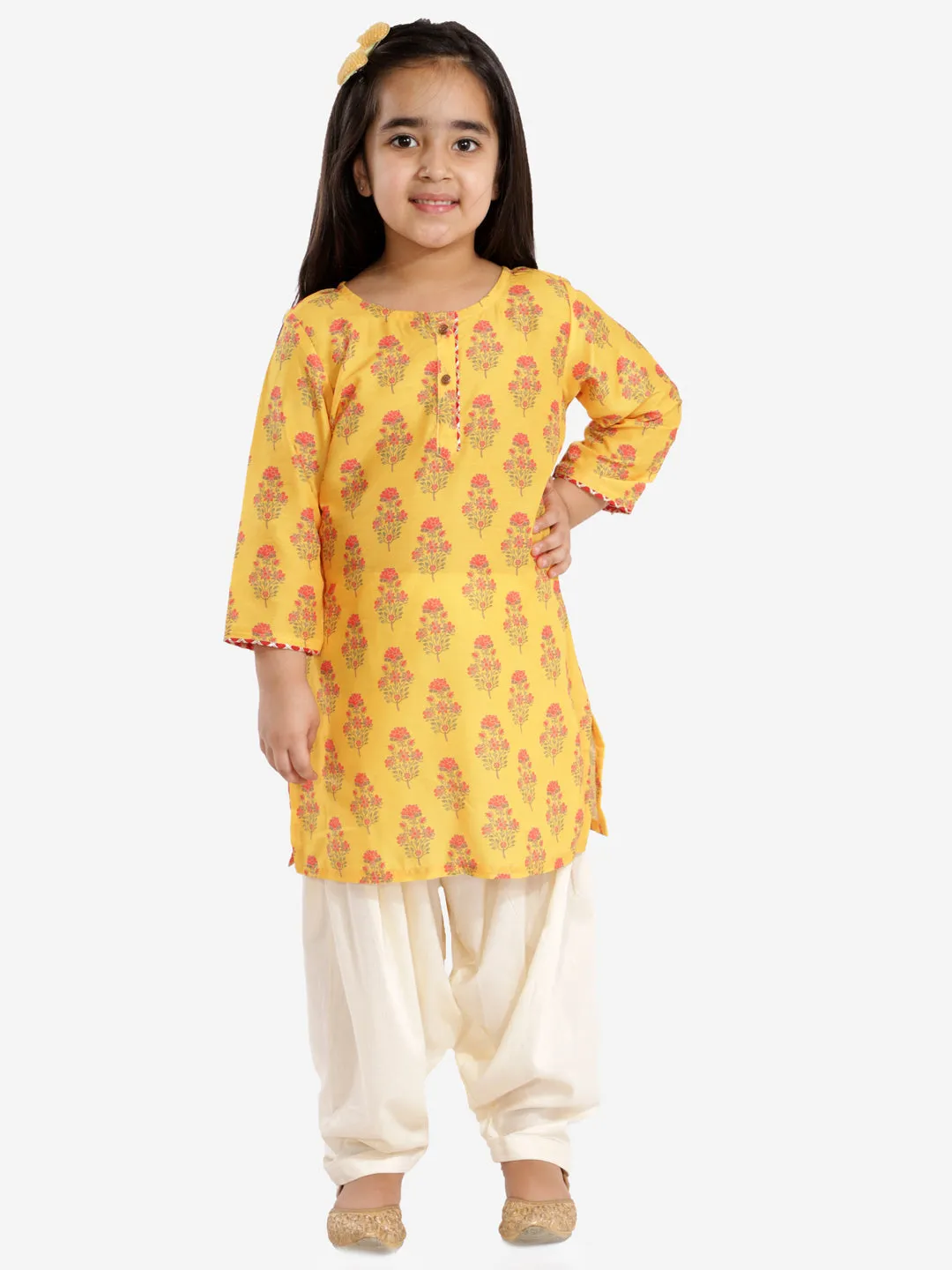 Jashvi Girls' Mustard And Cream Linen Kurta And Patiala Set