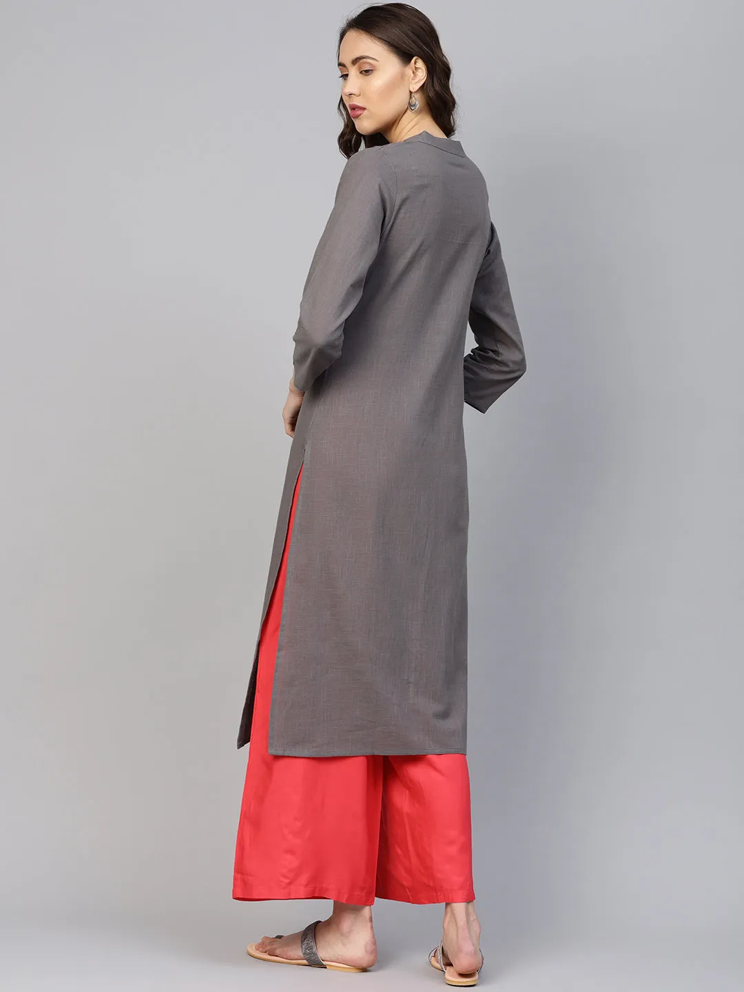 Jashvi Women Grey Cotton Straight Kurta with Pintucks