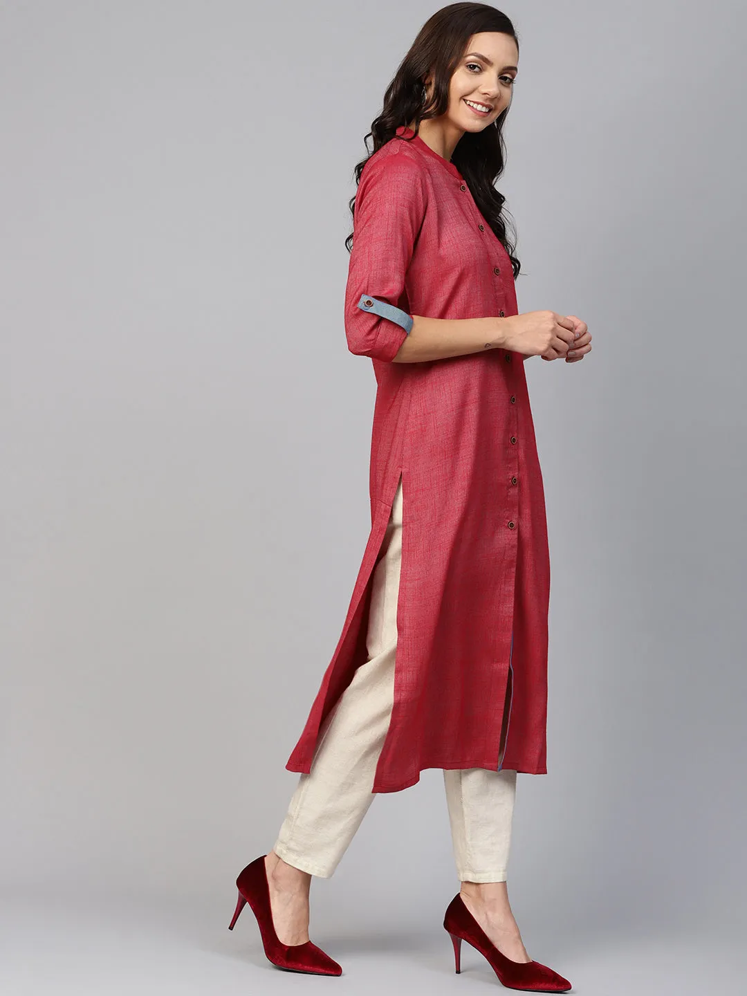 Jashvi Women Maroon Woven Design Straight Rayon Kurta with Trousers