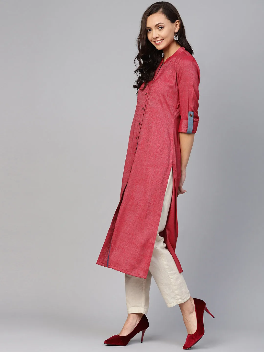 Jashvi Women Maroon Woven Design Straight Rayon Kurta with Trousers