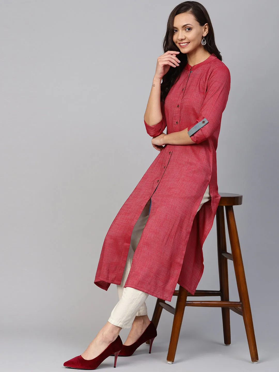 Jashvi Women Maroon Woven Design Straight Rayon Kurta with Trousers