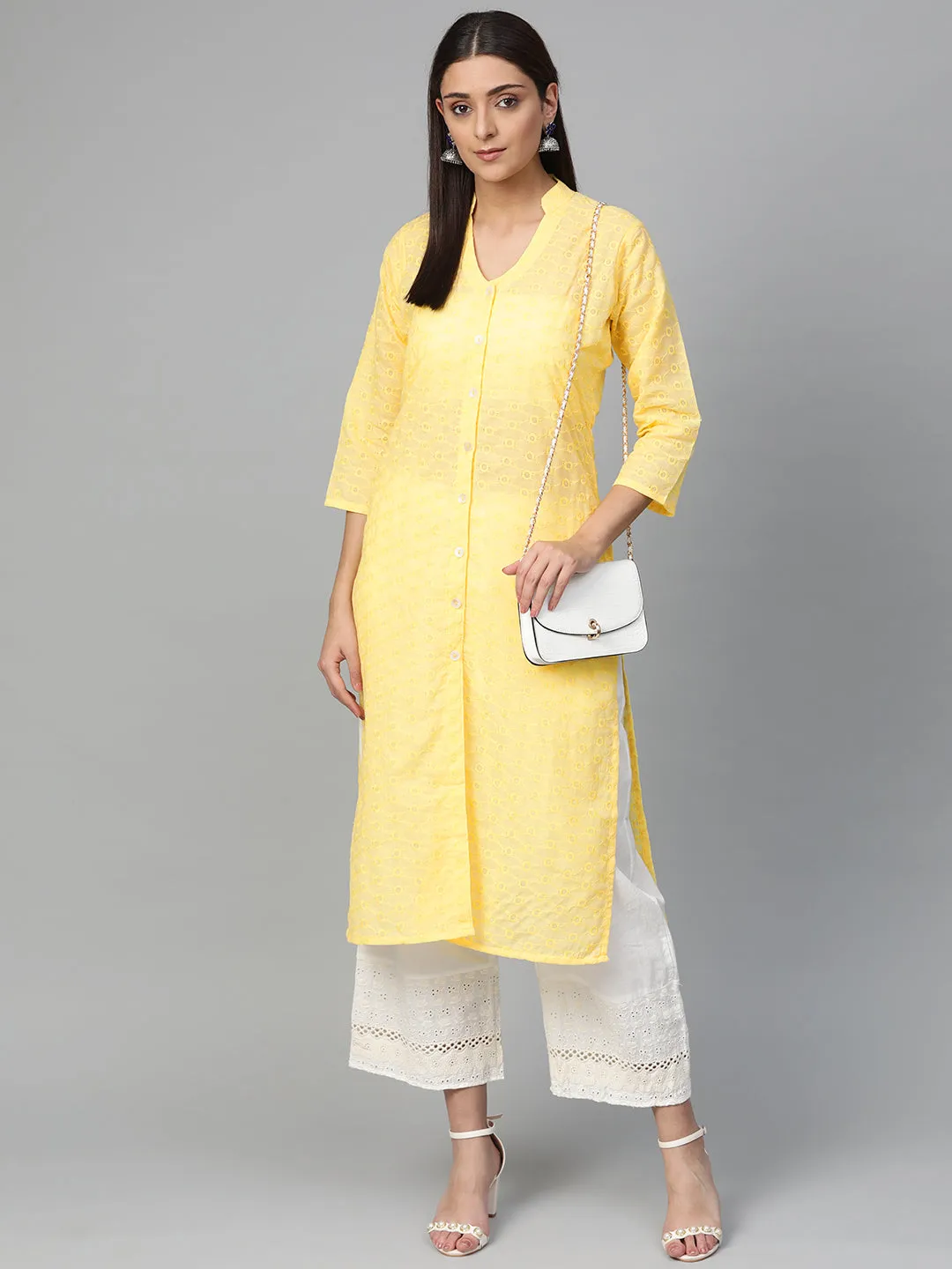 Jashvi Women Yellow Chikankari Embroidered Semi-Sheer Straight Kurta