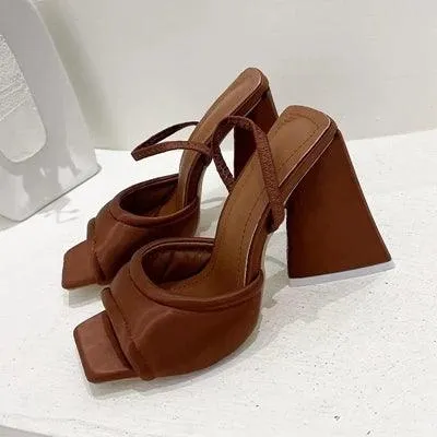 Kim - Satin Peep Toe Mule with Sculpted Block Heel