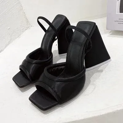 Kim - Satin Peep Toe Mule with Sculpted Block Heel