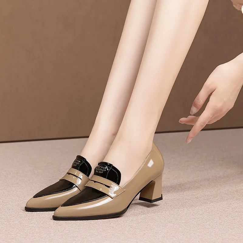 LuxeLeather Pointed Toe Square Heel Slip-On Heels