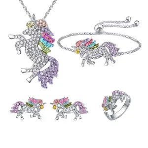 Melbees by Yellow Chimes Unicorn Jewellery Set for Girls Rainbow Crystal Unicorn Pendant Bracelet Earrings Ring Set Kids Jewellery Set for Girls.