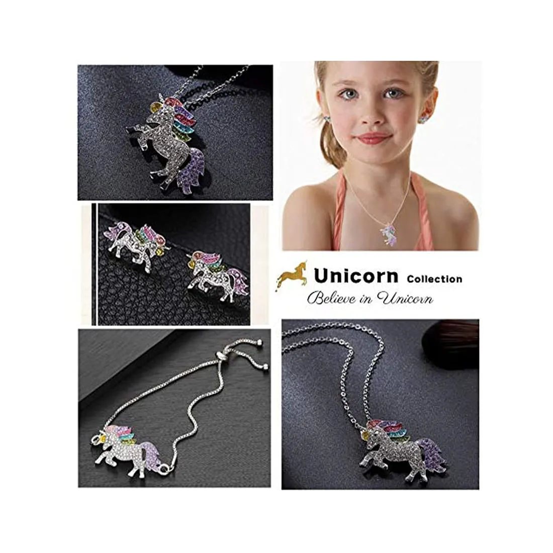 Melbees by Yellow Chimes Unicorn Jewellery Set for Girls Rainbow Crystal Unicorn Pendant Bracelet Earrings Ring Set Kids Jewellery Set for Girls.