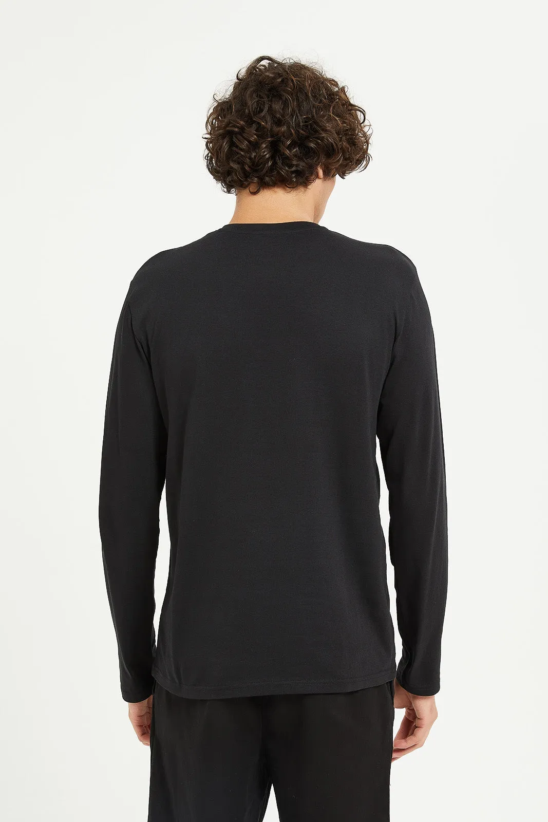 Men Black Long Sleeve Henley Shirt