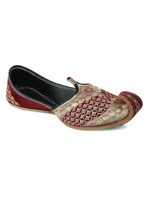 Men's Indian Ethnic Handrafted Maroon Premium Leather Embroidered Footwear - Desi Colour