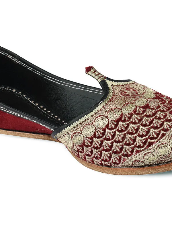 Men's Indian Ethnic Handrafted Maroon Premium Leather Embroidered Footwear - Desi Colour