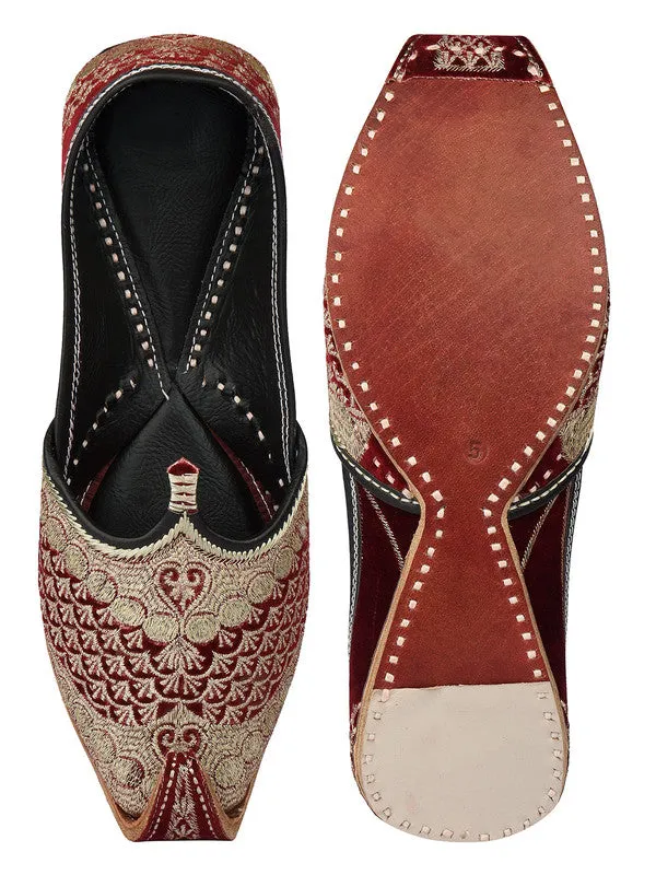 Men's Indian Ethnic Handrafted Maroon Premium Leather Embroidered Footwear - Desi Colour