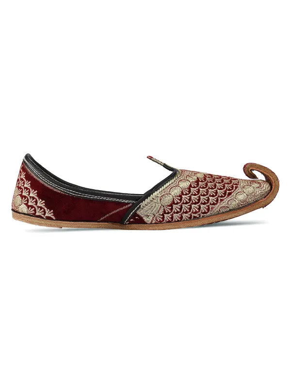 Men's Indian Ethnic Handrafted Maroon Premium Leather Embroidered Footwear - Desi Colour