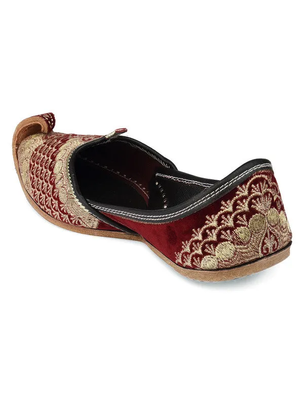 Men's Indian Ethnic Handrafted Maroon Premium Leather Embroidered Footwear - Desi Colour