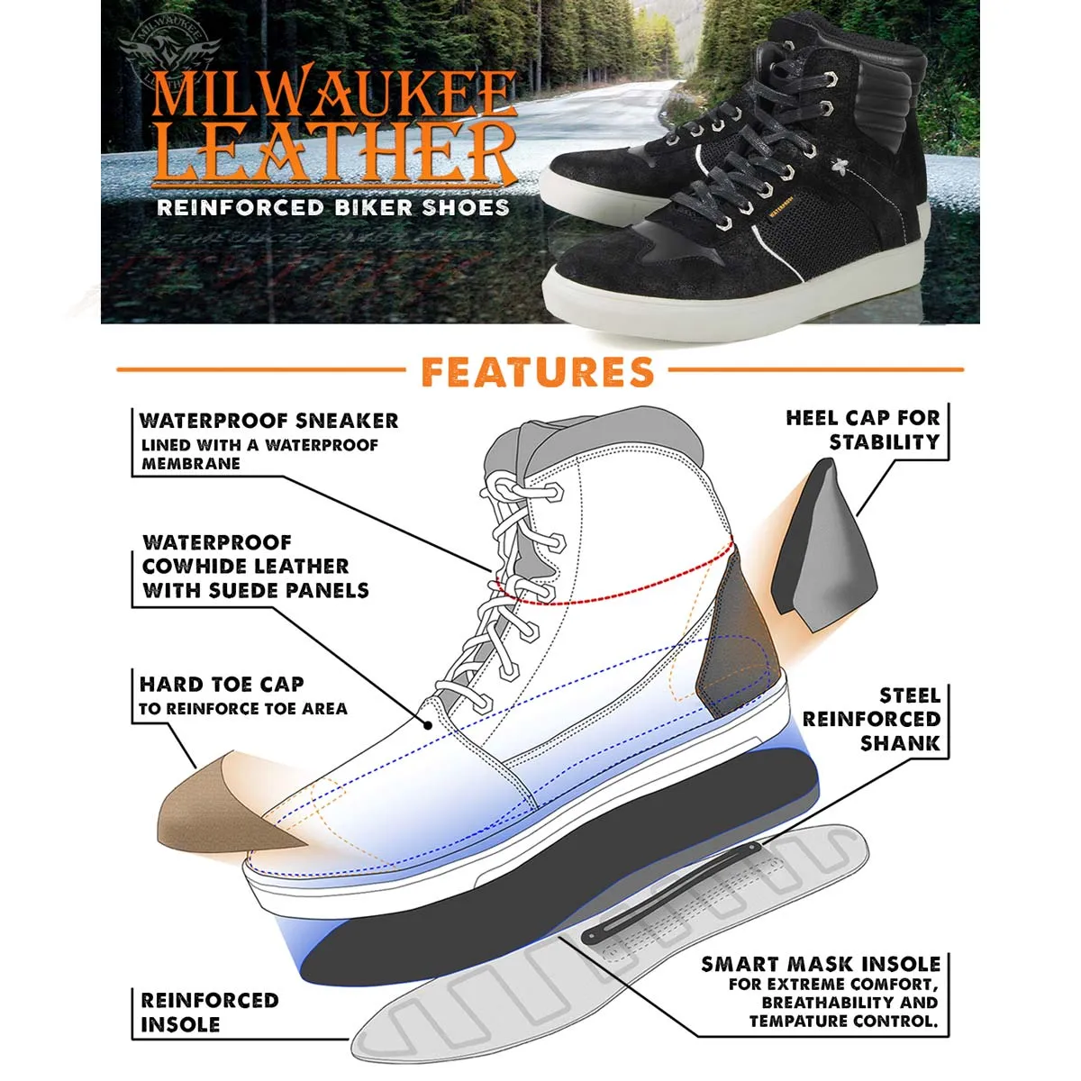 Milwaukee Leather MBM9151 Men's Black Suede and Leather Reinforced Street Riding Waterproof Shoes w/ Ankle Support