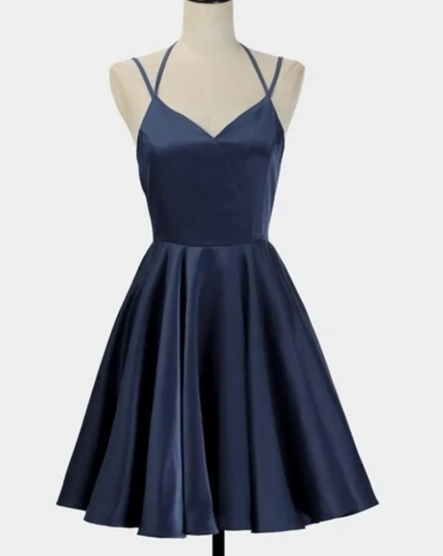 Spark Queen Simple Short Blue Sleeveless V Neck Mini Evening Dress, Women Dress, Satin Ruffles Spaghetti Straps Homecoming Dress