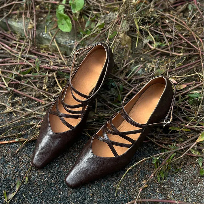 TAVIMART  -  Brown Leather Women Single Shoes Cross Bandage Ladies Pumps Slip-On Tacones Para Mujer Square Toe Sapatos Feminino Spring 2024