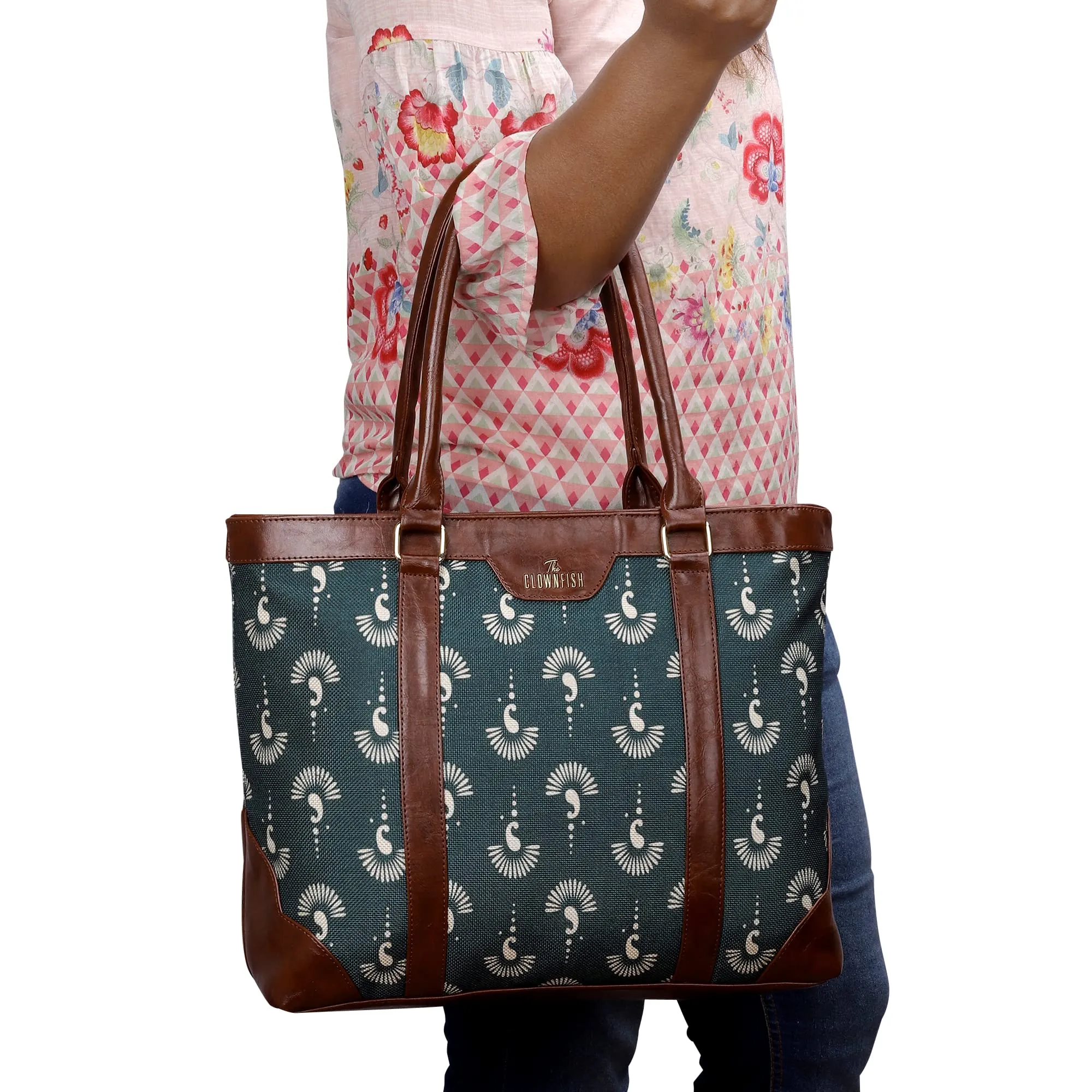 THE CLOWNFISH Miranda Series 15.6 inch Laptop Bag For Women Printed Handicraft Fabric & Faux Leather Office Bag Briefcase Hand Messenger bag Tote Shoulder Bag (Bottle Green)