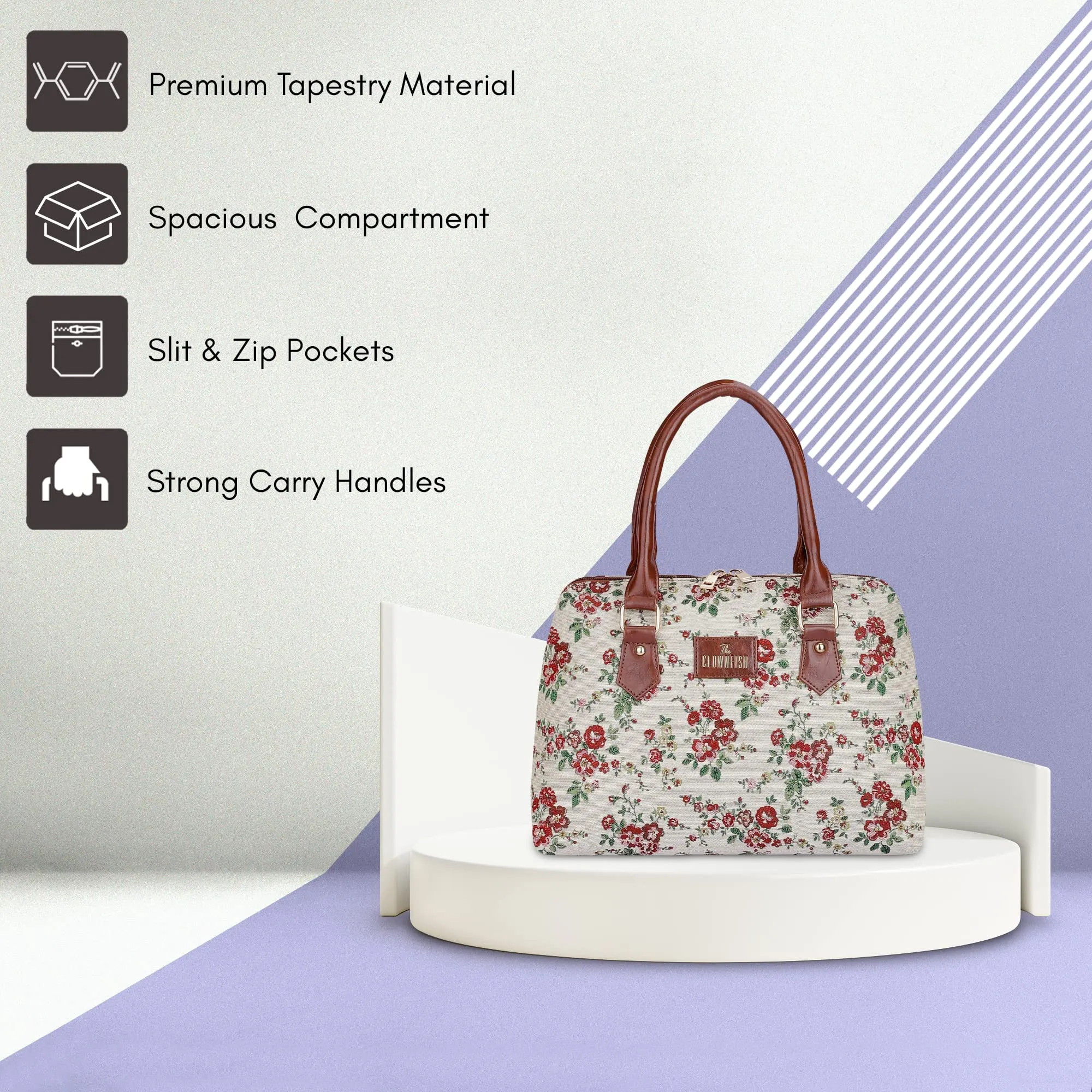 THE CLOWNFISH Montana Series Handbag for Women Office Bag Ladies Purse Shoulder Bag Tote For Women College Girls (White-Floral)