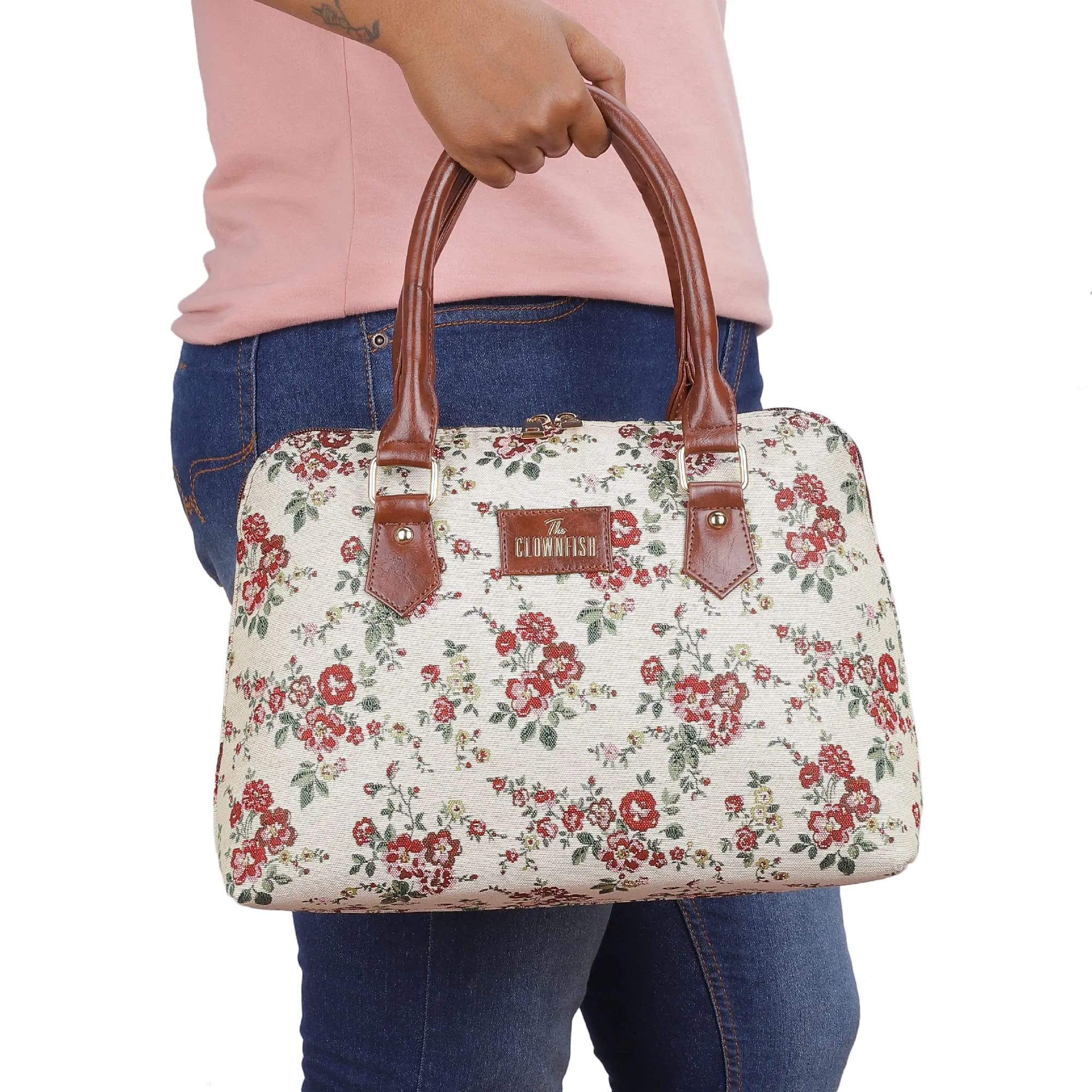 THE CLOWNFISH Montana Series Handbag for Women Office Bag Ladies Purse Shoulder Bag Tote For Women College Girls (White-Floral)