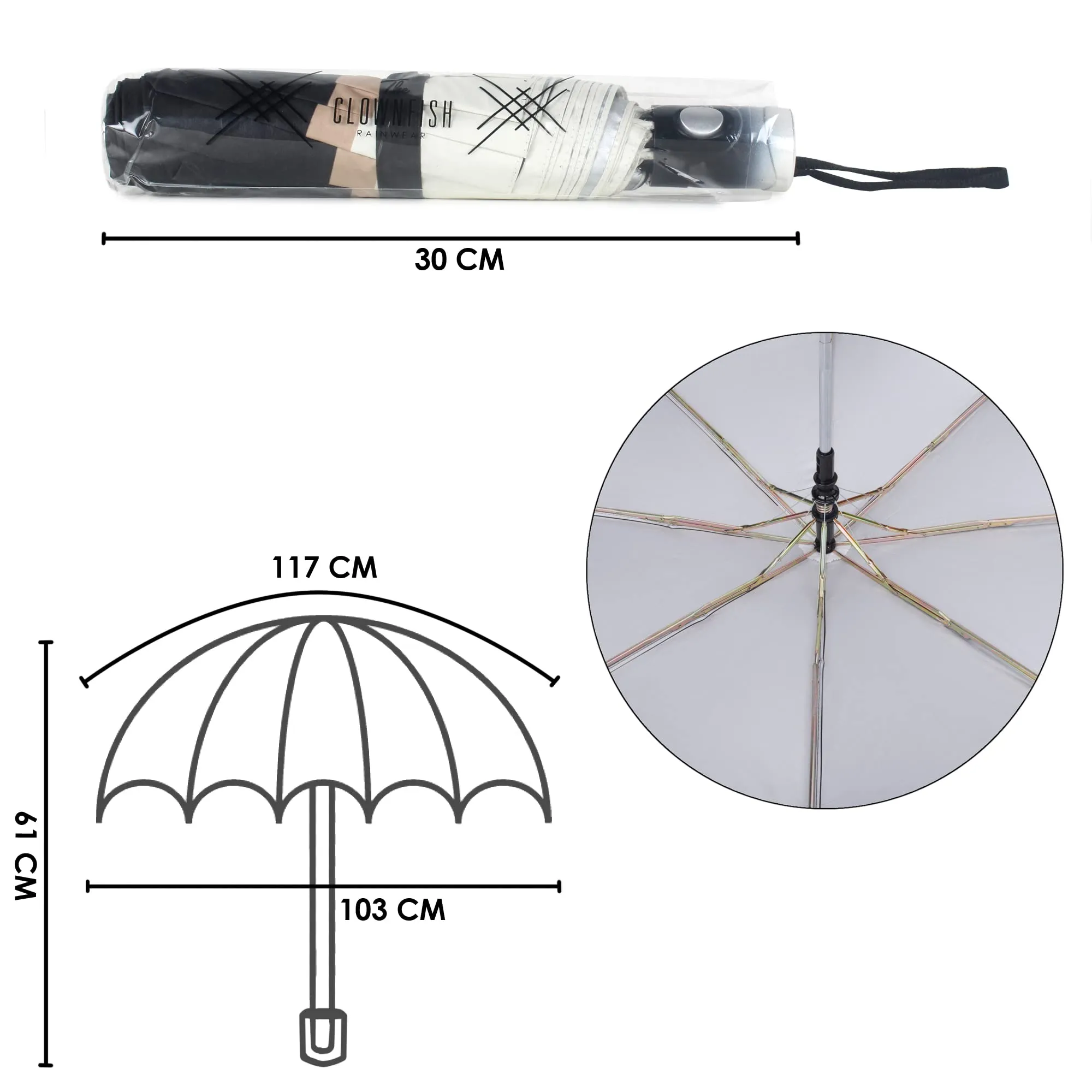 THE CLOWNFISH Umbrella 3 Fold Auto Open Waterproof Pongee Double Coated Silver Lined Umbrellas For Men and Women (Black)