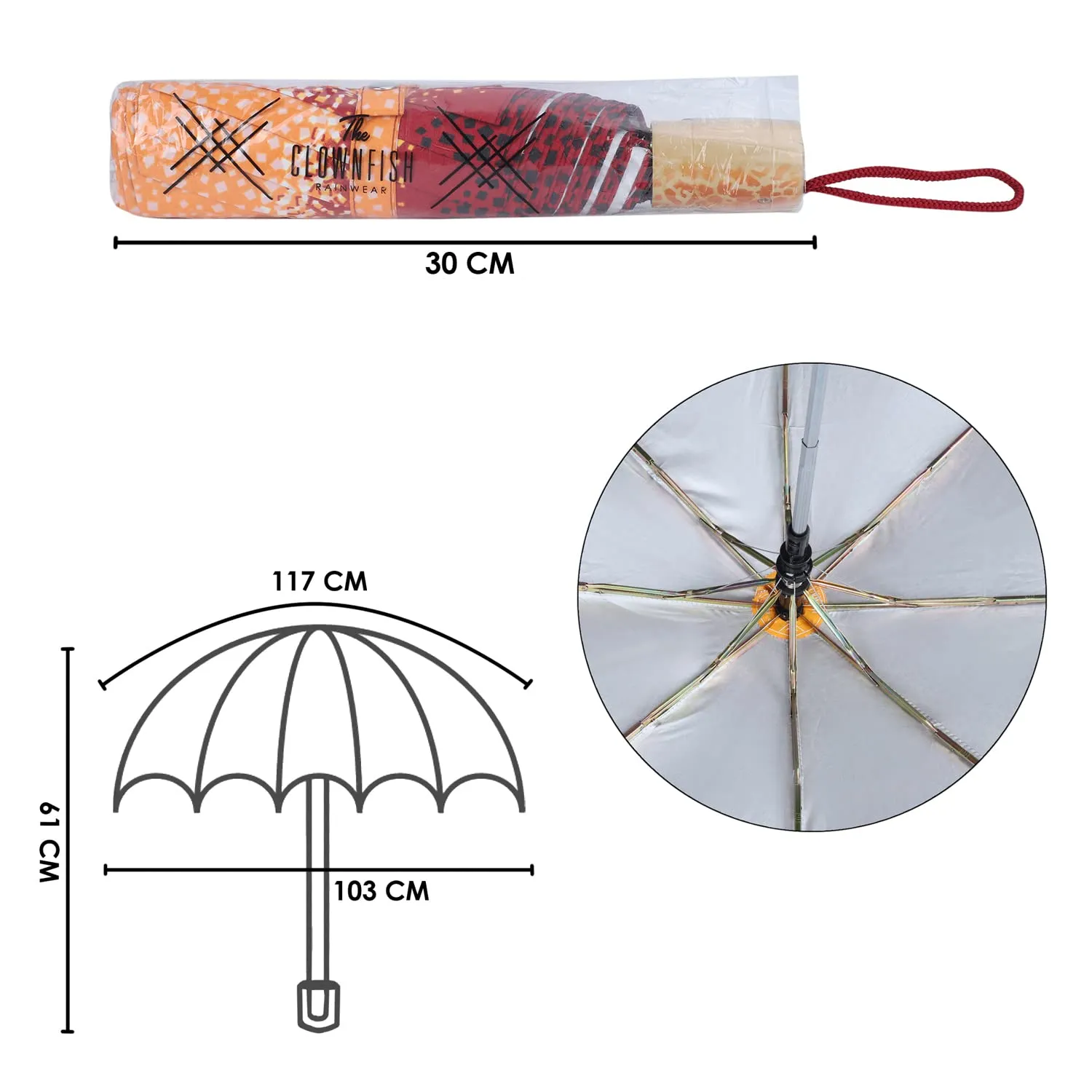 THE CLOWNFISH Umbrella 3 Fold Auto Open Waterproof Pongee Double Coated Silver Lined Umbrellas For Men and Women (Printed Design- Orange)