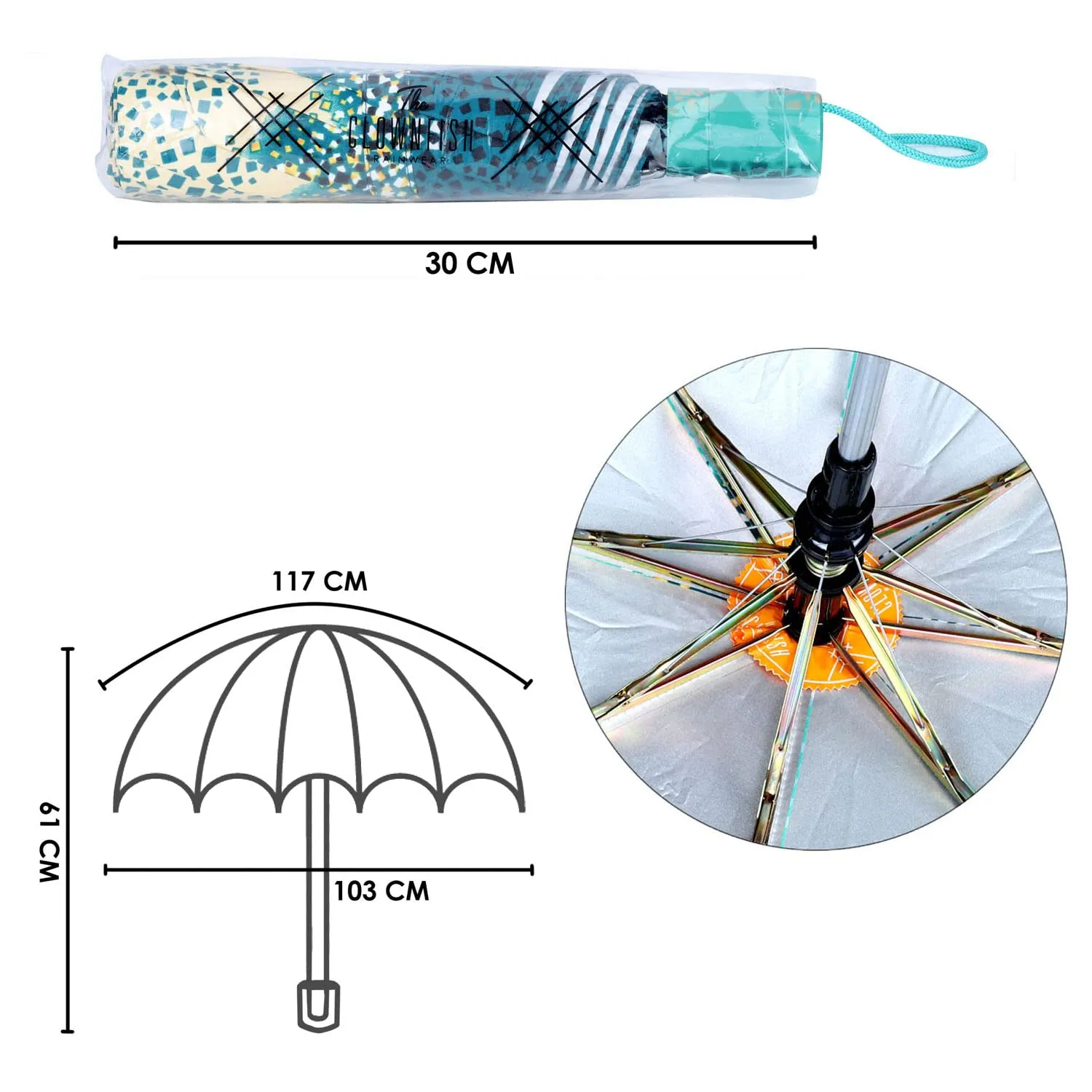 THE CLOWNFISH Umbrella 3 Fold Auto Open Waterproof Pongee Double Coated Silver Lined Umbrellas For Men and Women (Printed Design- Seafoam Green)