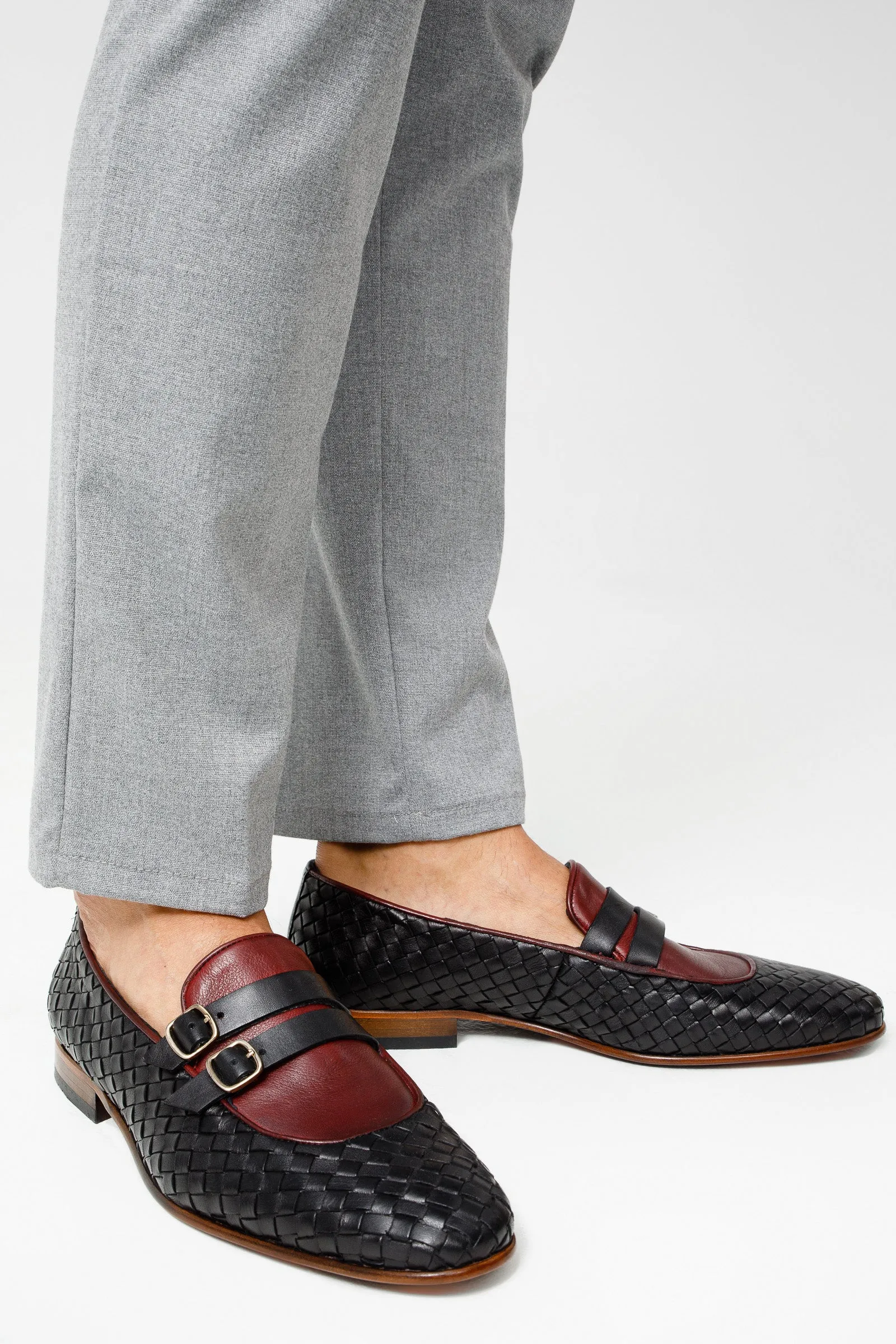 The Vatra Black & Burgundy Woven Double Monk Strap Men Shoe